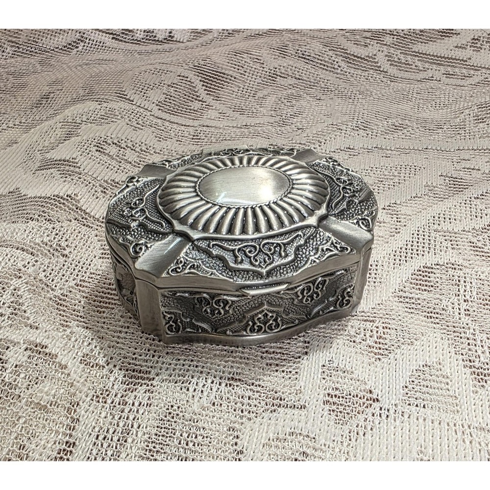 Pewter Trinket Box Oval Scrollwork Raised Relief Lidded Jewelry Case Silver
